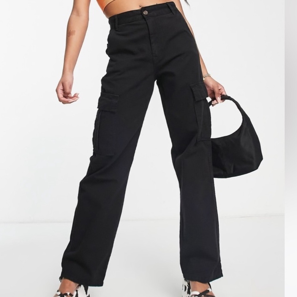 Stradivarius high-rise black cargo pants - long